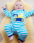 Premium Blue Striped Baby Sleepsuit with Excavator Print, Soft GOTS-Certified Organic Cotton, Eco-Friendly Dye, Toby Tiger Design by Toby Tiger at brixbailey.com
