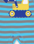 Premium Blue Striped Baby Sleepsuit with Excavator Print, Soft Organic Cotton, Snap Buttons, and Toby Tiger Design by Toby Tiger at brixbailey.com