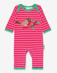Premium striped organic cotton baby sleep suit with robin applique, sustainable pink pajamas, stylish GOTS-certified sleepwear by Toby Tiger at brixbailey.com