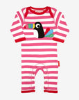 Premium organic cotton pajama set with toucan applique, stylish pink and white stripes, GOTS certified, soft and comfortable by Toby Tiger at brixbailey.com