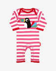 Premium organic cotton pajama set with toucan applique, stylish pink and white stripes, GOTS certified, eco-friendly dyes, Toby Tiger design by Toby Tiger at brixbailey.com
