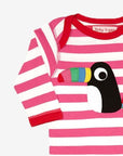 Premium organic cotton pajama set with toucan applique, stylish pink and white stripes, GOTS certified, machine washable by Toby Tiger at brixbailey.com