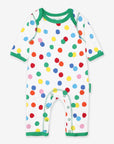 Colorful confetti print organic cotton baby sleep suit, soft certified fabric, snap buttons, stylish contrast trim, premium comfort by Toby Tiger at brixbailey.com