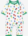 Colorful confetti print organic cotton baby sleep suit, soft certified fabric, contrasting trim, slip-on neck, snap leg closures by Toby Tiger at brixbailey.com