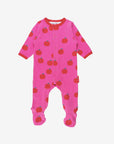 Organic Cotton Baby Sleepsuit with Apple Print, Pink and Red, Snug Fit, Front Snap Buttons, GOTS Certified, Eco-Friendly Dyes by Toby Tiger at brixbailey.com