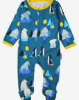Premium baby sleepsuit with Arctic animal print, soft organic cotton pajamas, cozy blue penguin walrus polar bear design, GOTS certified by Toby Tiger at brixbailey.com