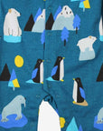 Premium blue Arctic print baby sleep suit with penguins, walruses, polar bears, icebergs, and mountains, soft organic cotton, snap buttons, footed pajamas by Toby Tiger at brixbailey.com