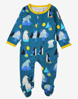 Premium baby blue penguin pajamas with arctic animals, cozy organic cotton sleepsuit, stylish yellow trim, snap buttons by Toby Tiger at brixbailey.com