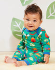 Premium baby sleepwear with cute insect print, soft organic cotton, blue trim, snap buttons, GOTS certified, eco-friendly dyes by Toby Tiger at brixbailey.com