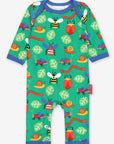 Premium organic cotton baby sleepwear with cute insect print, soft GOTS-certified fabric, blue trim, snap buttons, machine washable by Toby Tiger at brixbailey.com