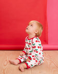 Premium organic cotton pajamas with cherry print, stylish red trim, slip-on neckline, snap buttons, soft certified fabric by Toby Tiger at brixbailey.com