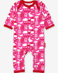 Premium organic cotton pajama set with garden print, stylish pink and red trim, slip-on neckline, snap buttons, GOTS certified, Toby Tiger design by Toby Tiger at brixbailey.com