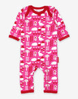 Premium organic cotton pajama set with garden print, stylish rose and red trim, slip-on neckline, snap buttons, soft GOTS-certified fabric by Toby Tiger at brixbailey.com