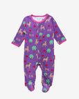 Premium organic cotton baby sleep suit with cozy horse and apple design, closed feet for warmth, GOTS certified by Toby Tiger at brixbailey.com