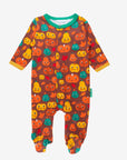 Premium organic cotton baby sleep suit with pumpkin print, cozy footed pajamas, autumn-themed design, best-selling eco-friendly kids pajamas by Toby Tiger at brixbailey.com