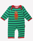Premium organic cotton baby romper with Christmas bear applique, festive striped footed pajamas, soft GOTS certified sleepwear by Toby Tiger at brixbailey.com