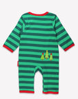 Premium organic cotton baby Christmas romper with bear applique, festive striped green and red, ultra-soft footed pajamas, GOTS certified by Toby Tiger at brixbailey.com