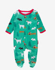 Premium organic cotton Christmas dog baby bodysuit, cozy footed pajamas with snap buttons, GOTS certified, eco-friendly dyes by Toby Tiger at brixbailey.com