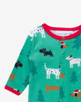 Premium organic Christmas dog baby bodysuit with footies, soft GOTS-certified cotton, snap buttons, cozy holiday pajamas by Toby Tiger at brixbailey.com