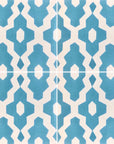 Premium Moroccan cement tiles, blue yellow cream geometric pattern, luxury handcrafted floor and wall tiles, exotic stylish home decor by Maria Starling Design at brixbailey.com