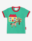 Premium Green Organic Cotton T-Shirt with Farmhouse Applique, Red Trim, Snap Buttons for Easy Dressing by Toby Tiger at brixbailey.com
