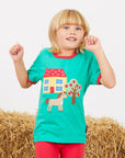 Premium Green Organic Cotton T-Shirt with Farmhouse Applique, Red Trim, and Snap Buttons for Easy Dressing by Toby Tiger at brixbailey.com