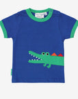 Premium baby crocodile applique t-shirt, soft organic cotton, rainbow details, snap button closure, sustainable toddler clothing, GOTS certified by Toby Tiger at brixbailey.com