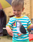 Premium organic cotton baby t-shirt with puffin applique, playful interactive fish surprise, soft striped design, GOTS certified by Toby Tiger at brixbailey.com