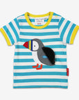 Premium organic cotton baby t-shirt with playful puffin applique, blue and white stripes, hidden fish surprise, soft GOTS-certified fabric by Toby Tiger at brixbailey.com