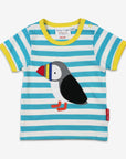 Premium organic cotton baby t-shirt with playful puffin applique, blue and white stripes, hidden fish surprise, soft GOTS-certified fabric by Toby Tiger at brixbailey.com