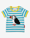 Luxury organic cotton baby t-shirt with puffin applique, blue and white stripes, playful hidden fish surprise, soft GOTS-certified fabric by Toby Tiger at brixbailey.com