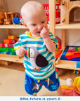 Premium organic cotton baby T-shirt with playful puffin applique, blue and white stripes, hidden fish surprise, soft GOTS-certified fabric by Toby Tiger at brixbailey.com