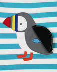Premium organic cotton baby T-shirt with playful puffin applique, blue and white stripes, interactive hidden fish surprise, soft GOTS-certified fabric by Toby Tiger at brixbailey.com