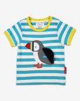 Premium organic cotton baby t-shirt with puffin applique, playful interactive fish surprise, soft blue and white stripes, GOTS certified by Toby Tiger at brixbailey.com