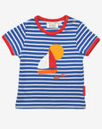 Stylish Blue and White Striped Organic Kids T-Shirt with Fun Boat Applique and Red Trim by Toby Tiger at brixbailey.com