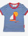 Stylish Blue and White Striped Organic Kids T-Shirt with Fun Boat Applique and Red Trim by Toby Tiger at brixbailey.com