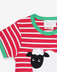Luxury striped organic cotton baby t-shirt with sheep applique, soft GOTS-certified fabric, snap buttons, green trim, premium eco-friendly dye by Toby Tiger at brixbailey.com