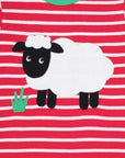 Premium striped baby T-shirt with sheep applique, soft organic cotton, snap buttons, green trim, machine washable by Toby Tiger at brixbailey.com