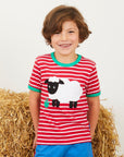 Premium striped sheep applique organic cotton baby tee, soft GOTS-certified fabric, snap buttons for easy dressing, eco-friendly dyes by Toby Tiger at brixbailey.com