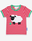 Luxury organic cotton baby T-shirt with stylish sheep applique, red-white stripes, green trim, soft GOTS-certified fabric, snap buttons by Toby Tiger at brixbailey.com