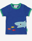 Premium baby organic cotton t-shirt with cute shark and fish applique, soft sustainable fabric, snap neck closure, royal blue with green trim by Toby Tiger at brixbailey.com