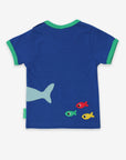 Premium baby royal blue organic cotton t-shirt with cute shark and fish applique, soft sustainable fabric, snap buttons, eco-friendly dye by Toby Tiger at brixbailey.com
