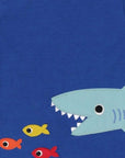 Premium baby royal blue organic cotton T-shirt with cute shark and fish applique, soft sustainable fabric, snap button closure by Toby Tiger at brixbailey.com