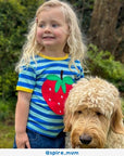 Luxury organic cotton baby t-shirt with strawberry applique and ladybug surprise, blue and white striped, soft GOTS certified by Toby Tiger at brixbailey.com