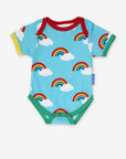 Premium baby bodysuit with rainbow print, short sleeves, soft organic cotton, slip neck and snap buttons for easy dressing by Toby Tiger at brixbailey.com