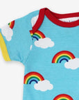 Premium baby bodysuit with rainbow print, short sleeves, soft organic cotton, snap buttons, eco-friendly dyes, easy dressing by Toby Tiger at brixbailey.com