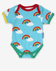 Luxury baby bodysuit with rainbow print, short sleeves, organic cotton, slip neck, snap buttons, soft premium fabric by Toby Tiger at brixbailey.com
