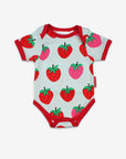 Organic Strawberry Print Baby Bodysuit in Soft Pink and Light Blue, Premium GOTS-Certified Cotton with Snap Shoulder by Toby Tiger at brixbailey.com
