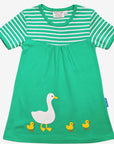 Luxury bright green organic cotton kids t-shirt dress with duck applique, contrasting stripes, snap neck closure, soft gathers by Toby Tiger at brixbailey.com