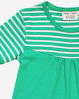 Luxury bright green organic cotton kids t-shirt dress with duck applique, contrasting stripes, snap neck closure, soft gathers by Toby Tiger at brixbailey.com